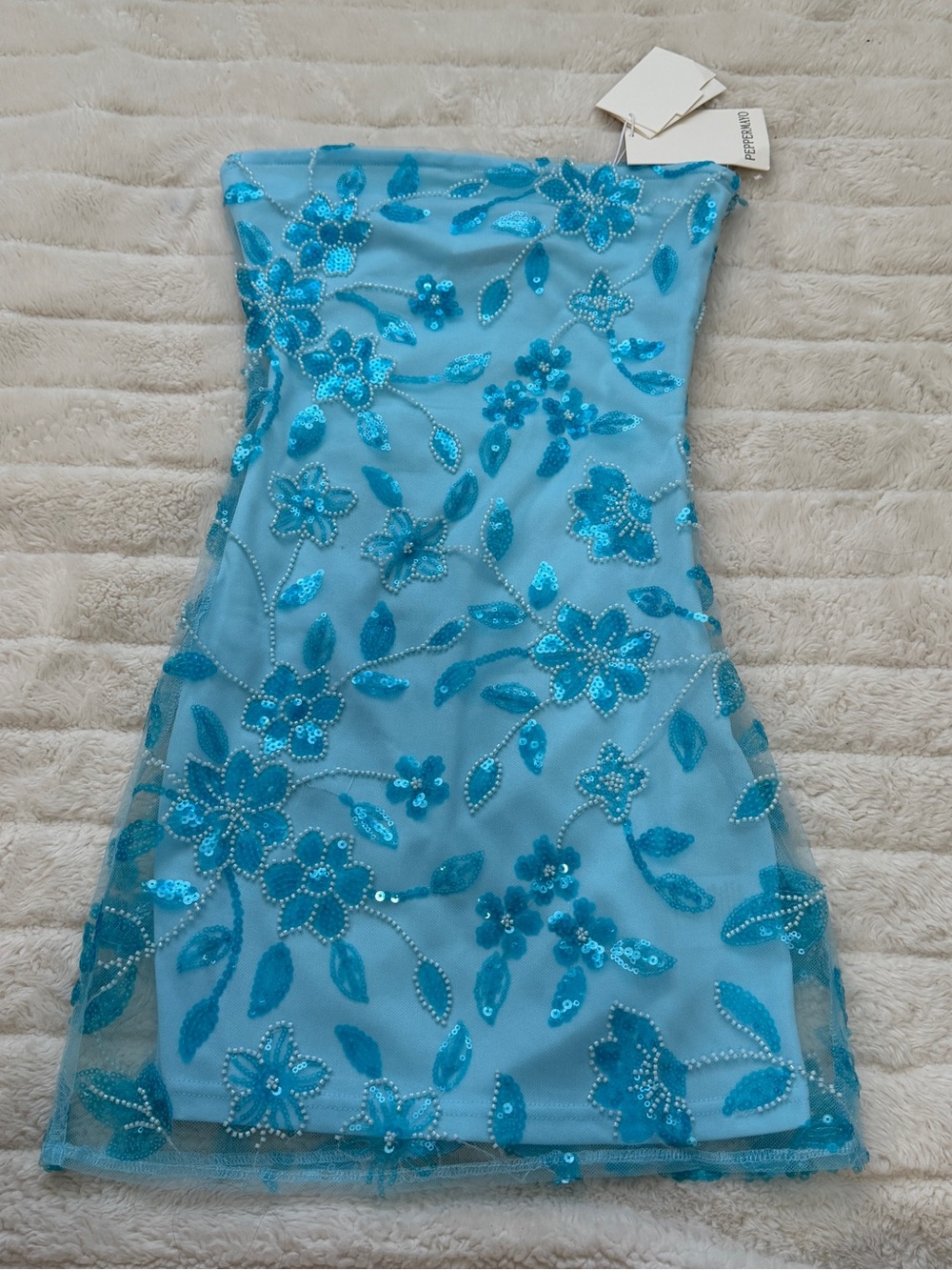Peppermayo Turquoise Sequin Floral Strapless Mini Dress